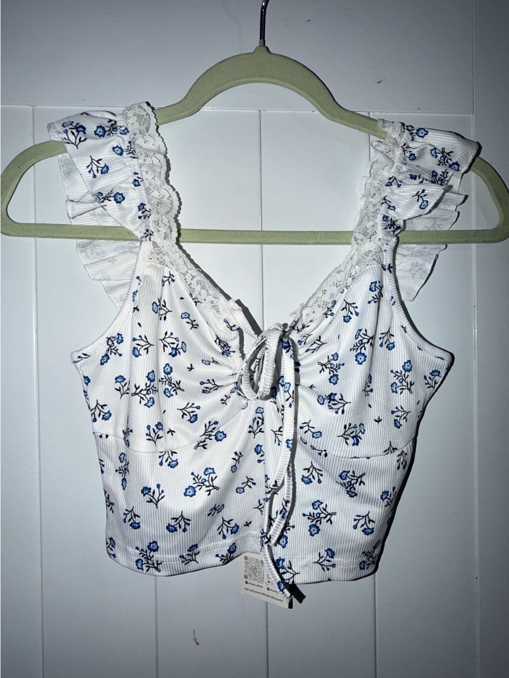 Blue Floral Lace-Trim Tie-Front White Crop Top